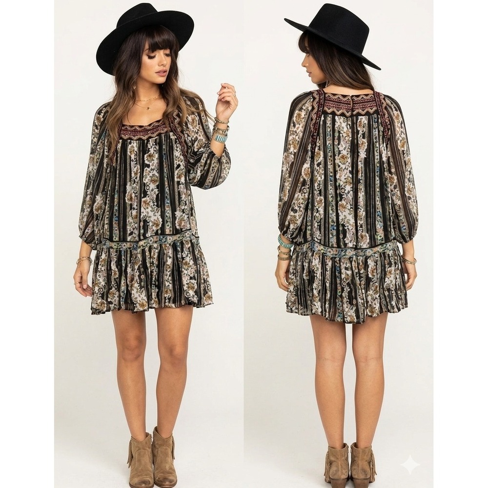 Free People Boho Mixed Floral Embroidered Tunic Top/Mini Dress Small Oversized
